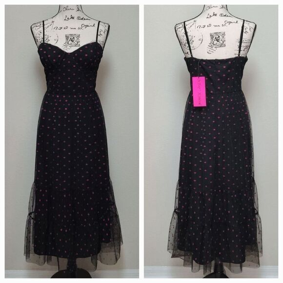 💋 BETSEY JOHNSON Lip Print Tiered Sweetheart Black Dress SIZE 12 NWT - Picture 4 of 13